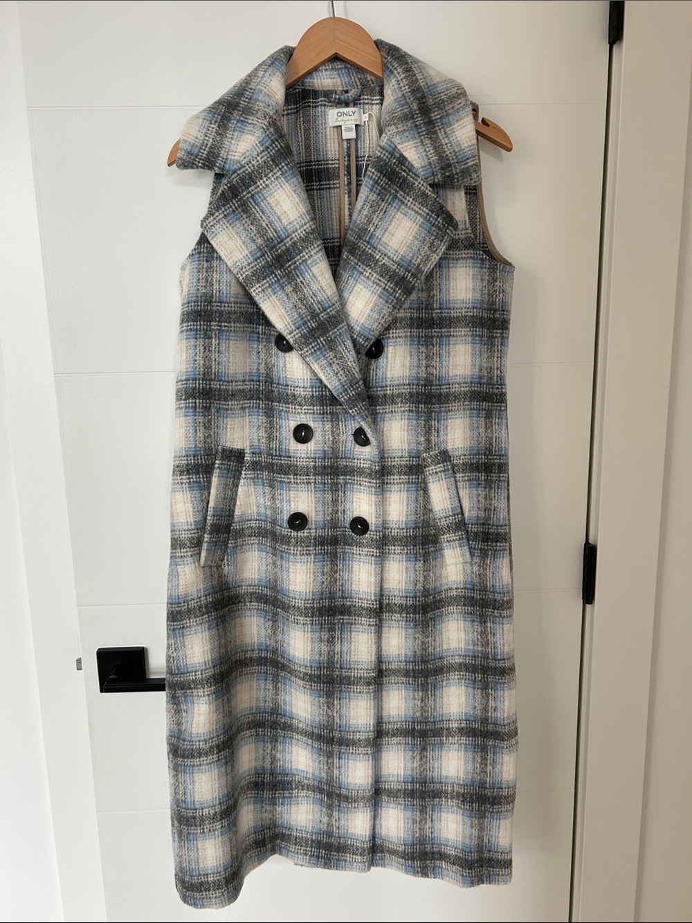 ONLY Blue Plaid Sleeveless Double-Breasted Vest